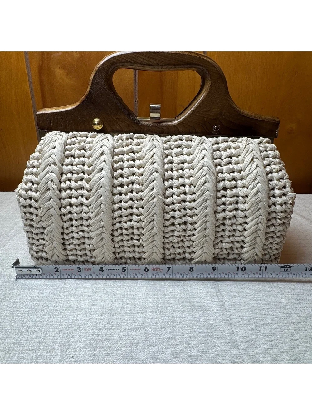 Vintage Italian Raffia Handbag Wooden Handle Clutch Purse Made In Ital